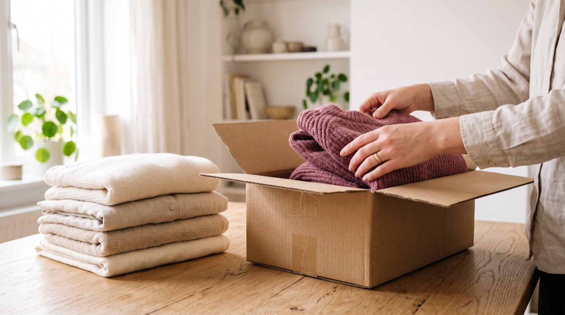 Hände falten einen Pullover in eine Schachtel neben gefalteten Kleidern