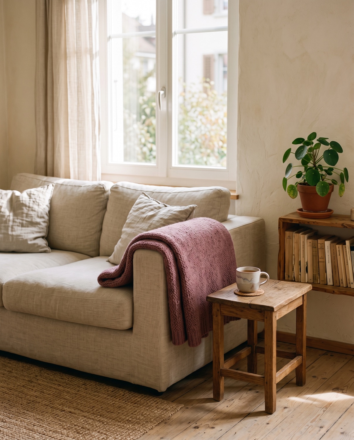 Helles, ruhiges Wohnzimmer mit viel Platz zum Atmen